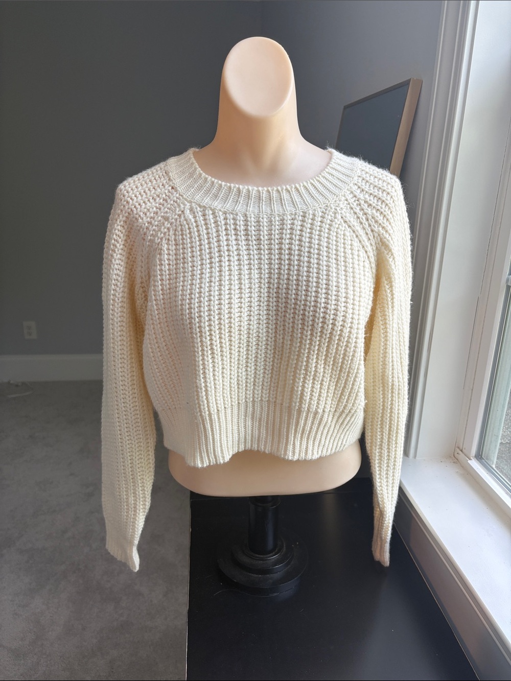 Forever 21 Cream Ribbed Cropped Crewneck Sweater